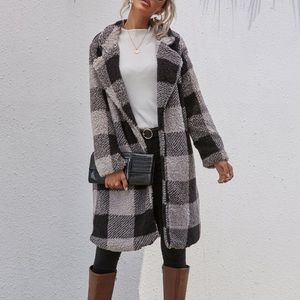 Buffalo plaid teddy trench pea coat jacket